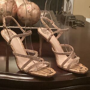 Gemmendie Leather Soles Animal Print Rhinestone Straps Heeled Sandals.